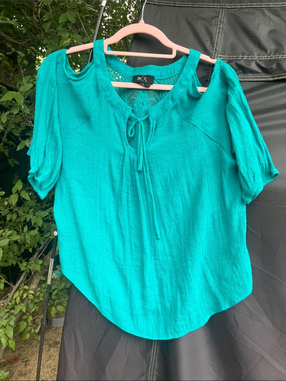 BCX Teal Cold-Shoulder Tie-Neck Blouse
